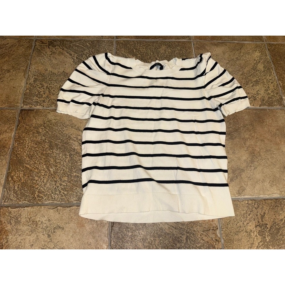HABOF Womens White Black Striped Short Puff Sleeve Knit Top Crew Neck Large